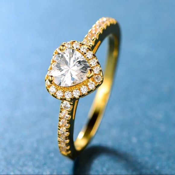 18K Yellow Gold and White Diamond Cubic Zirconia Halo Heart Engagement Ring - Picture 2 of 5